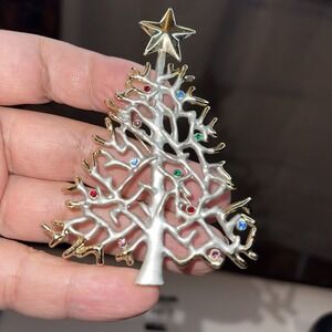 Vintage Silver & Gold Rhinestone Christmas Tree Pin Brooch Decorative Jewelry